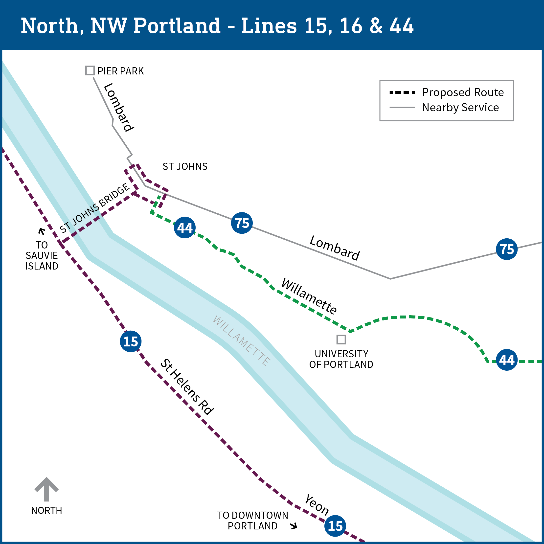 Map of north and northwest Portland shows proposed route changes for bus lines 15, 44 and 75. With these changes, line 16 would be eliminated and line 44 would be reduced. Further details provided on page.