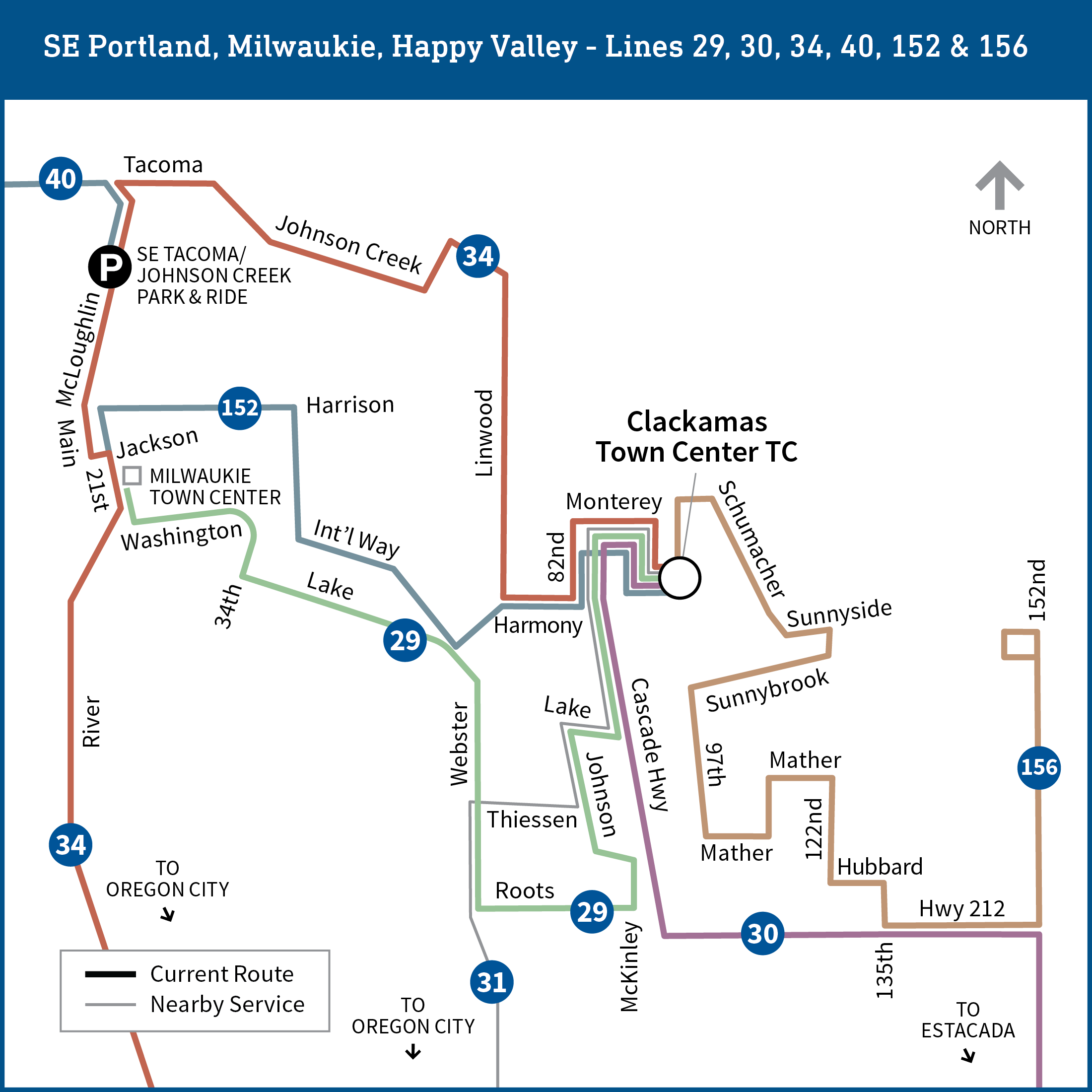 Map shows the Clackamas area with current transit lines, including bus lines 29, 30, 31, 34, 40, 152, and 156.