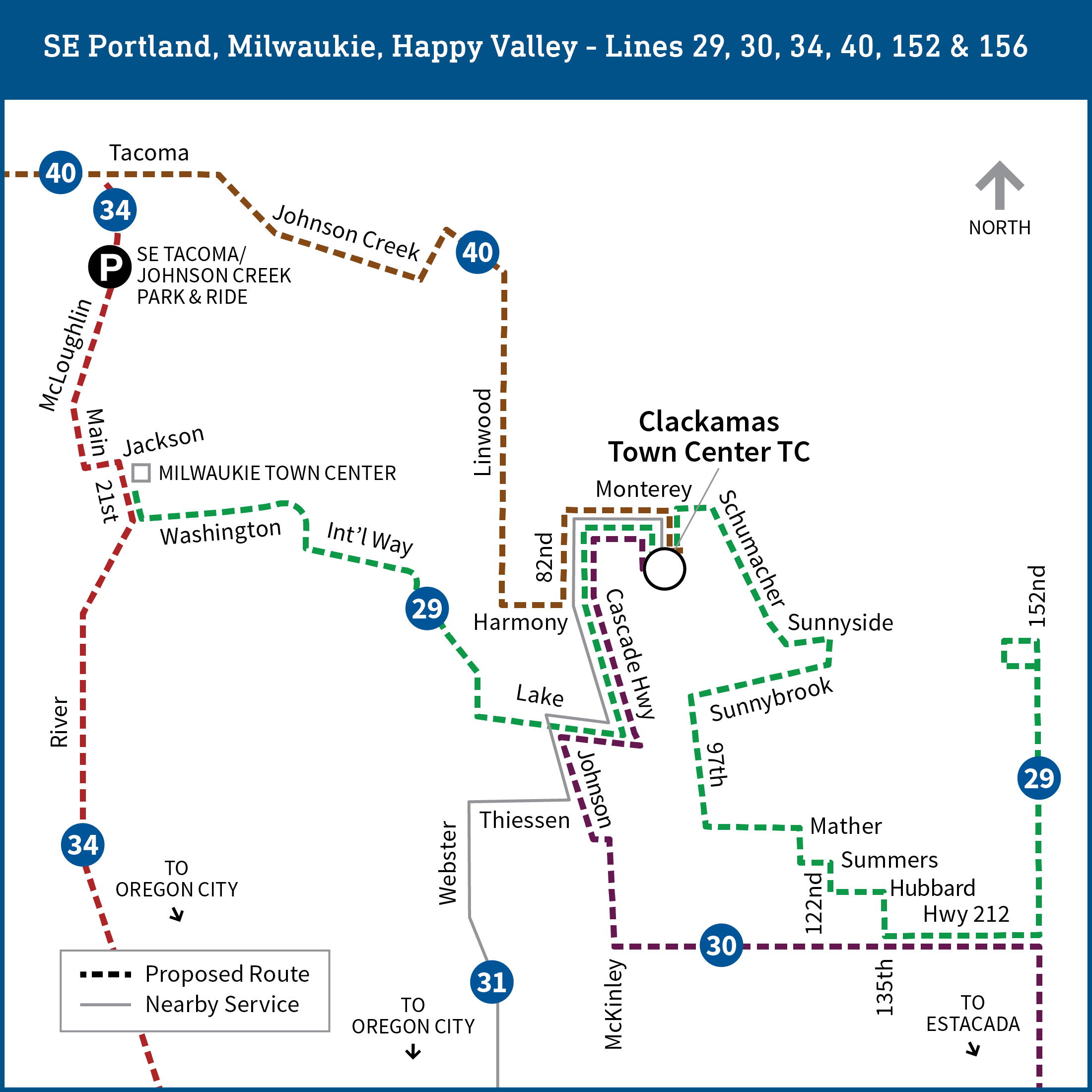 Map shows the Clackamas area with bus lines 29, 30, 31, 34, 40, 152, and 156. All lines pictured except line 31 show proposed changes as detailed on the page.
