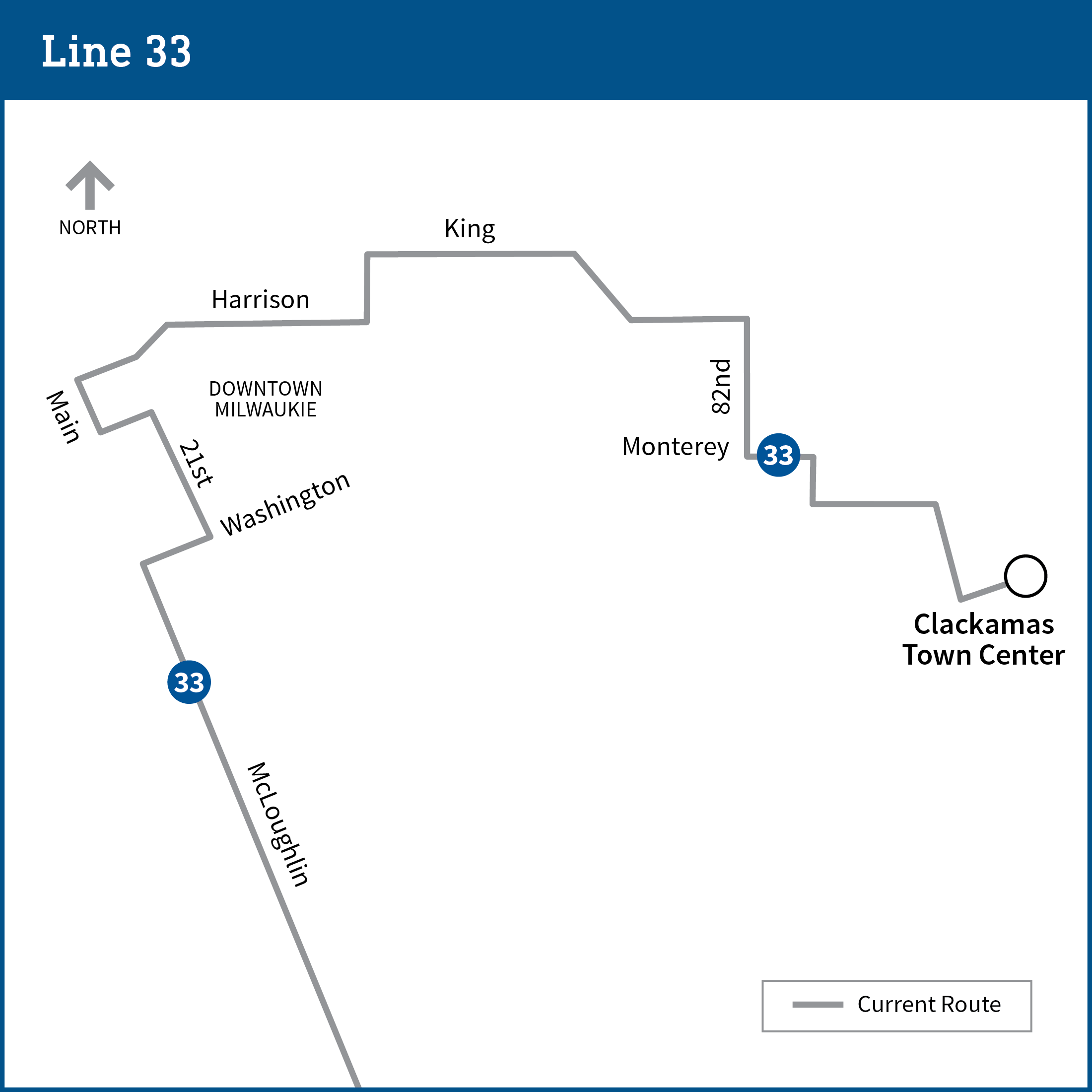 Map shows a portion of the line 33 route from McLoughlin to Clackamas Town Center.