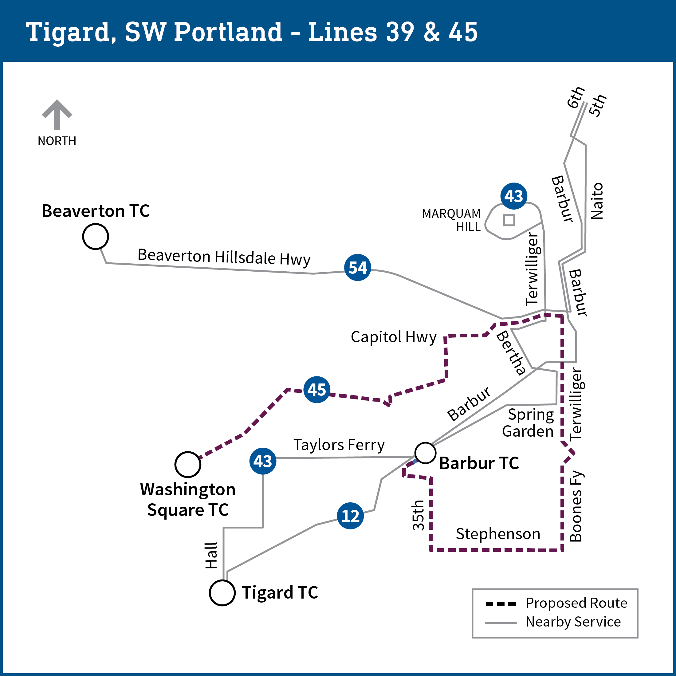 Map of Tigard and SW Portland areas shows proposed changes for bus lines 12, 39, 43, 45 and 54, with the following transit centers highlighted on the map: Beaverton, Washington Square, Tigard and Barbur. With these changes, line 39 would be eliminated and line 45 would undergo changes to both replace line 39 service and reduce service where other lines already run. See page for further details.
