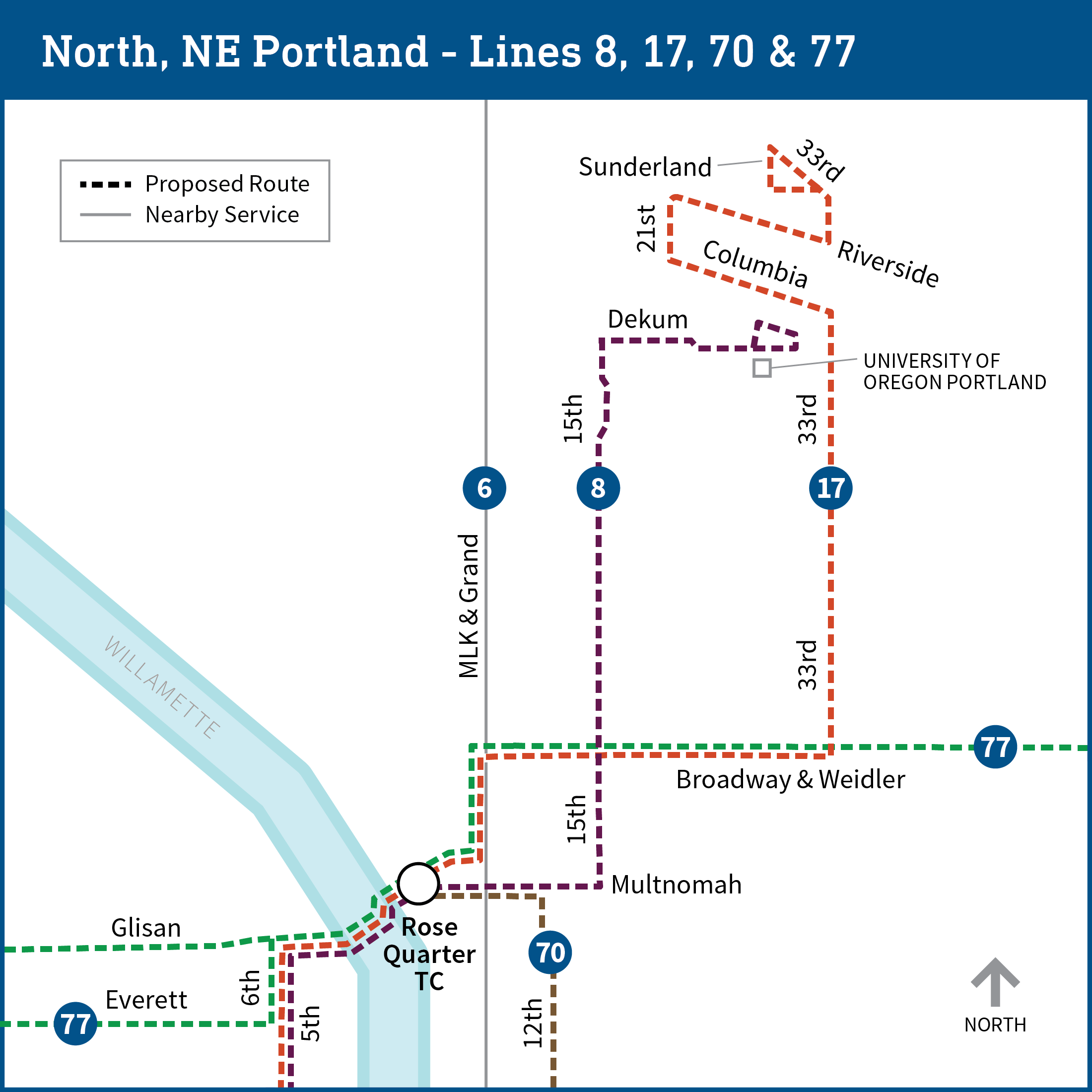 Map shows north and northeast Portland with proposed changes to bus lines 8, 17, 70 and 77, as detailed on the page.