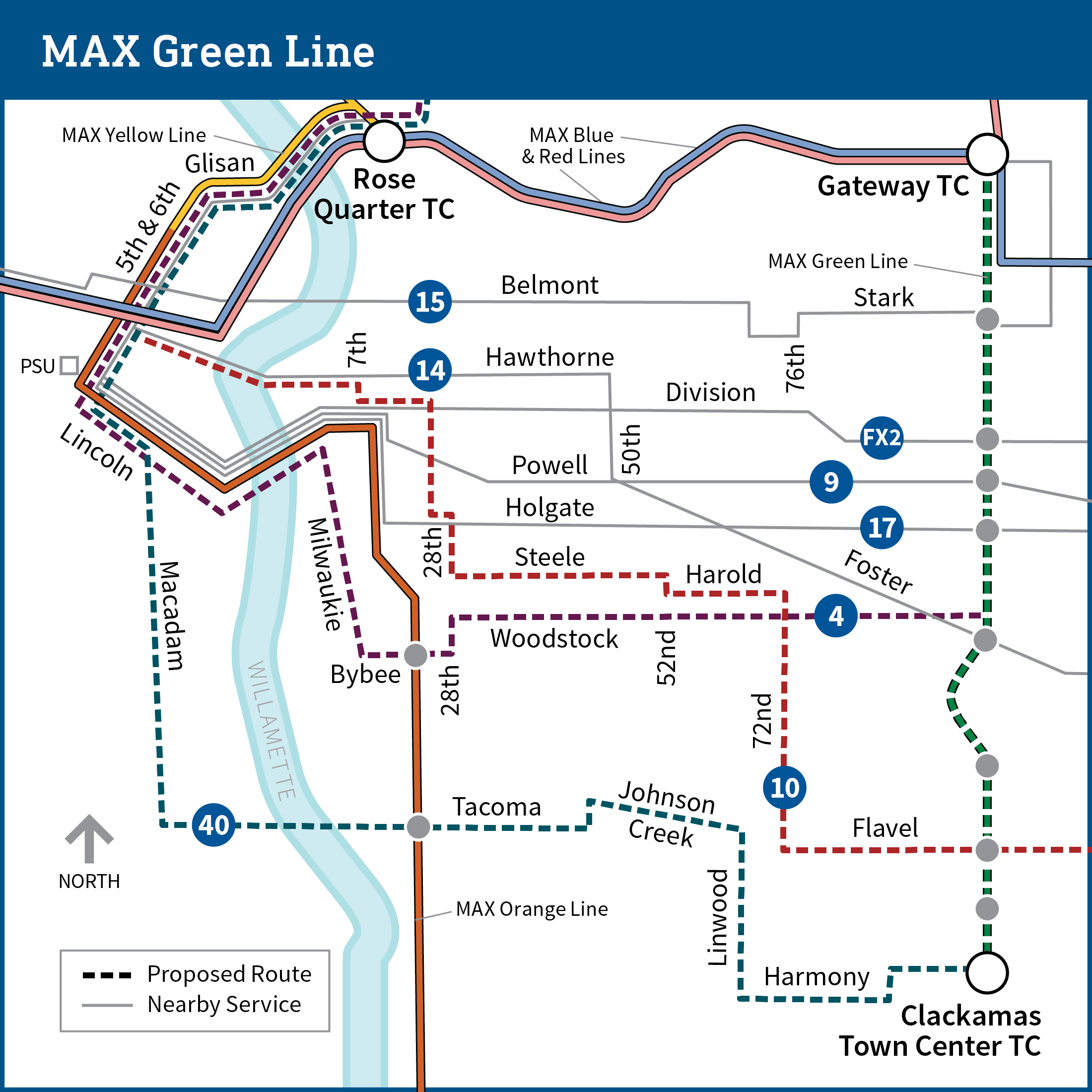 Map shows parts of northeast, southeast and downtown Portland with proposed transit line changes. The MAX Green Line with proposed changes runs from Gateway Transit Center to Clackamas Town Center, with stops noted at Rose Quarter Transit Center, Gateway Transit Center, SE Stark, SE Division, SE Powell, SE Holgate, SE Foster and SE Flavel. The Line 40 bus route is shown to highlight service to the stops that will no longer be served by the Green line, with service from Clackamas Town Center to Rose Quarter Transit Center.